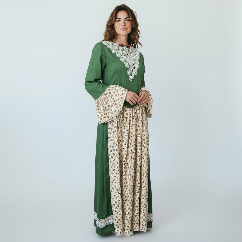 Vintage Handmade Green Prairie Floral Lace Maxi Dress Large Cottagecore Pioneer